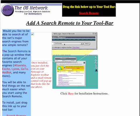 Screenshot pulled from the Wayback machine showing the install page for the Search Remote.  Capture was from 1999.  It's missing a few of the images.