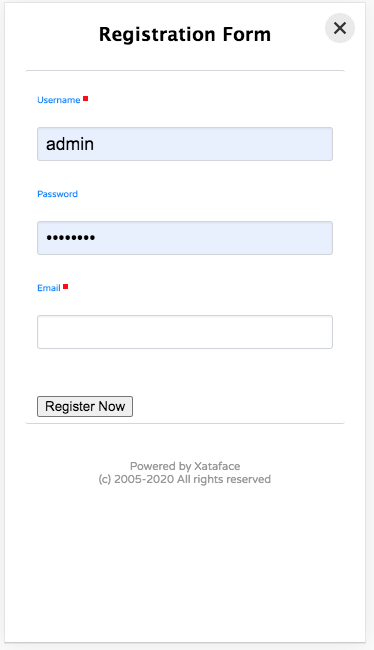 The mobile registration form - fields generated based on the fields in the users table.