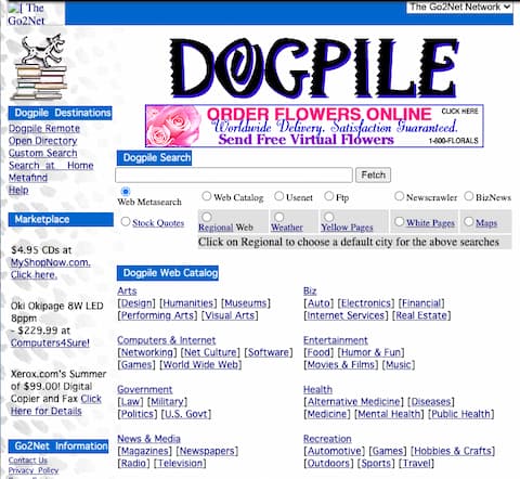 Dogpile meta search as it appears in the wayback machine from Sept. 2, 1999
