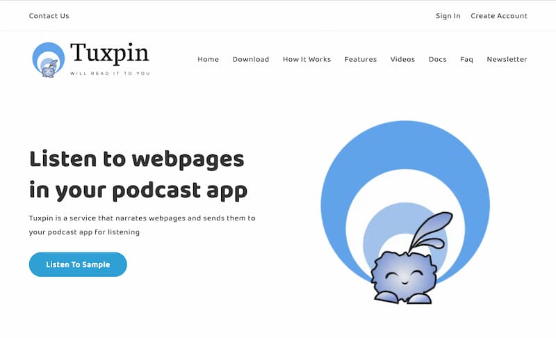 The website for my latest project, Tuxpin, which allows you to listen to webpages in your podcast app.